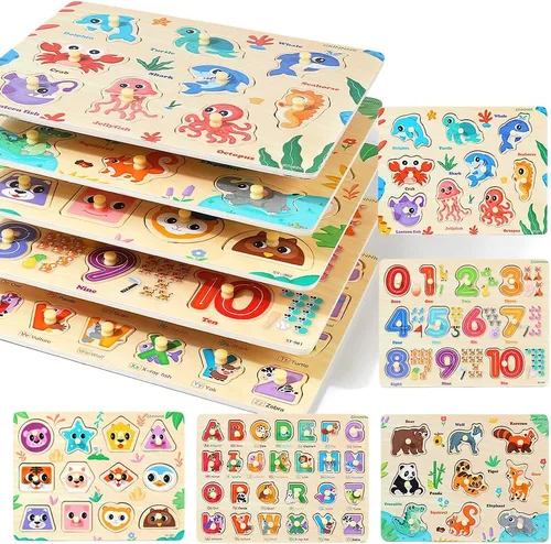 GRINNNIE Rompecabezas de Madera para Niños Pequeños de 3, 4, 5 Años, Juguetes Montessori para Niños Pequeños 5 PIEZAS Rompecabezas con Clavijas con