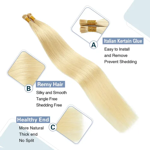 Miniatura 3 de Sunya Extensiones de cabello humano con punta en I Tip, 1.76 oz, 50 mechones por paquete, extensiones de cabello con queratina previamente unidas