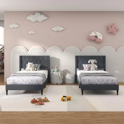 Miniatura 4 de Giantex Base de cama de plataforma de tamaño individual con respaldo de alas, base de cama tapizada de tela con cabecera capitonada con botones