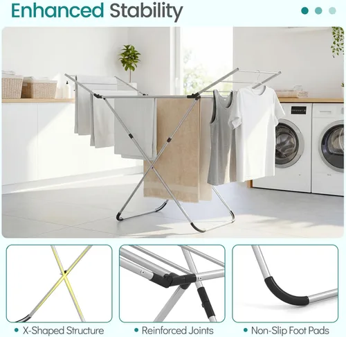 Miniatura 6 de GOFLAME Clothes Drying Rack, Laundry Drying Rack with 2 Foldable Wings, 14 Drying Rods, Free-Standing Collapsible Laundry Airer for Clothes, Towels