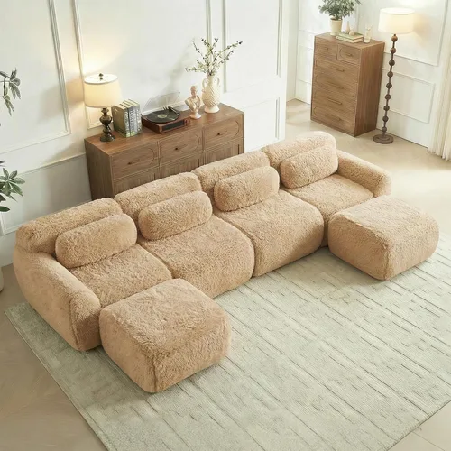 Miniatura 39 de Sofás de nube sin hueso de 80.4 pulgadas, tela de felpa suave y esponjosa, sofá cama modular con 2 otomanas, sofás de dos plazas de chocolate,