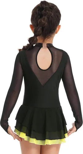 Miniatura 12 de Loyan Vestido de patinaje artístico brillante para niñas y niñas, de malla, de manga larga, patinaje sobre ruedas, competición de baile