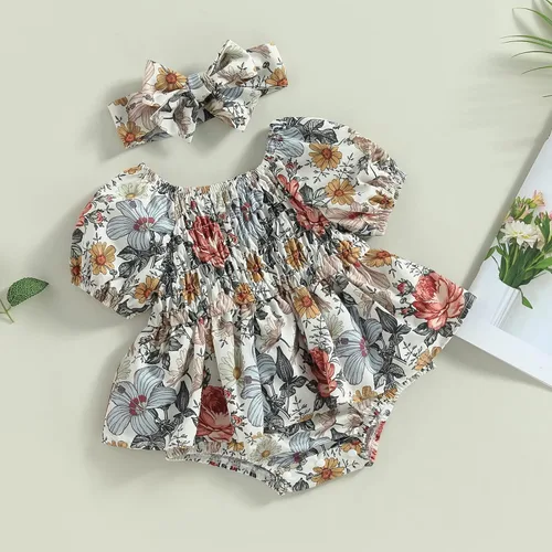 Miniatura 58 de Mameluco para bebés y niñas de 3, 6, 9, 12, 18 meses, enterizo de manga corta, fruncido, faldas y dobladillo, diadema
