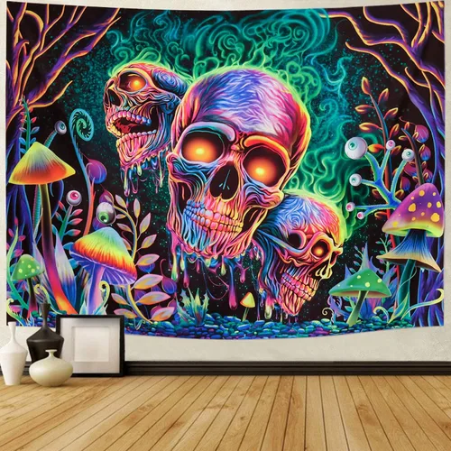 Miniatura 3 de Amonercvita Tapiz de calavera con luz negra, tapiz de pared de esqueleto trippy, reactivo a los rayos UV, plantas de neón, árboles, tapices
