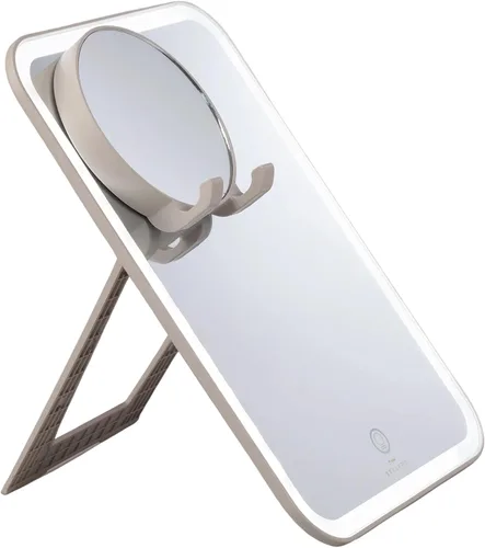 StylPro Espejo brillante y contemplado con luces LED | Espejo de aumento magnético de 10 x | Botón de pantalla táctil | Soporte para teléfono |