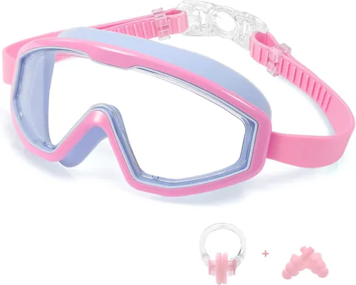 Gafas de natación para niños, gafas de natación de marco grande, visión amplia, antivaho e impermeables para niños y niñas Rosa