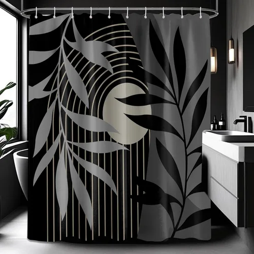 Miniatura 75 de Cortina de ducha bohemia en negro y gris, cortinas de ducha modernas de mediados de siglo negro y gris para baño, juego de tela impermeable