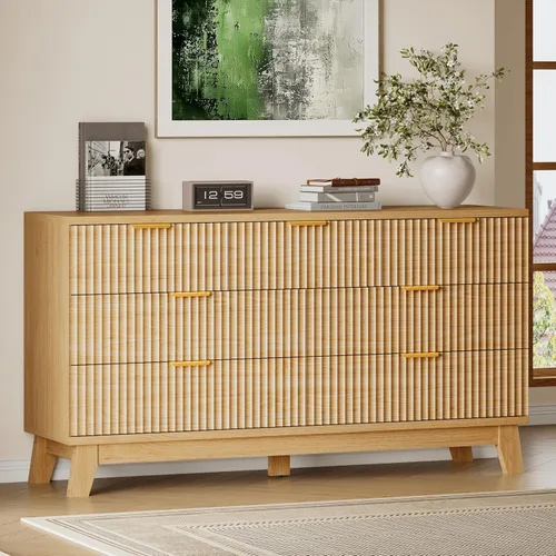 Miniatura 30 de BORNOON Cómoda alta de 46" para dormitorio, cómoda de 6 cajones acanalados, cómoda moderna de madera con almacenamiento profundo, correderas