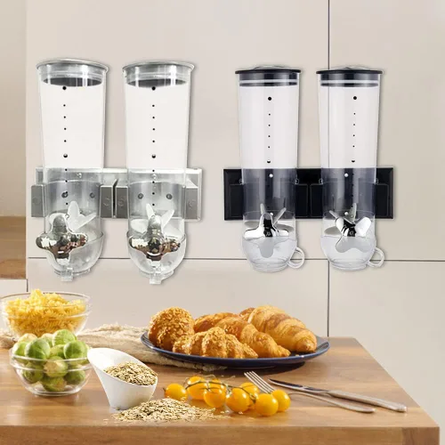 Miniatura 4 de Dispensador de cereales doble de montaje en pared de 3 litros, dispensadores de alimentos de doble control, contenedor de almacenamiento de Negro