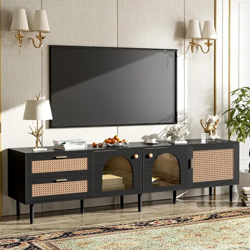 Miniatura 2 de JIVOIT Moderno soporte de TV de ratán para televisores de hasta 80 pulgadas, mesa consola inspirada en ratán con 3 gabinetes y 2 cajones, armario