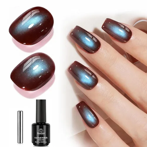 Miniatura 40 de Beetles - Esmalte de uñas de gel de ojo de gato rojo, cereza teñida de vino, 0.5 onzas líquidas, esmalte de gel magnético 2 efectos de ojo de gato