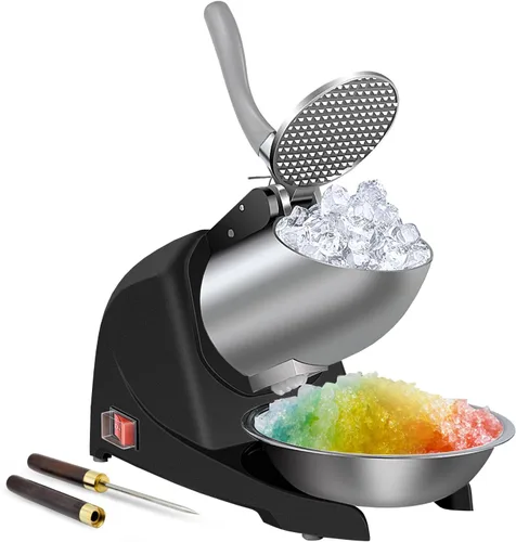 Máquina de cono de nieve 380 W, máquina de hielo afeitado de 3 cuchillas, trituradora de hielo eléctrica de 280 libras/hora, evita salpicaduras,