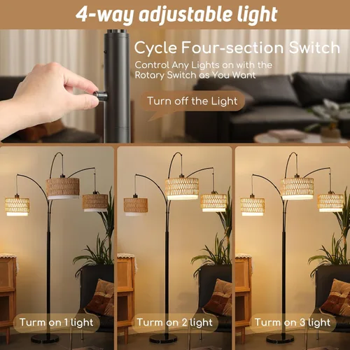 Miniatura 2 de Lámpara de pie de ratán para sala de estar, lámpara de pie boho de 80 pulgadas de altura con interruptor giratorio, lámpara de arco de 3 luces