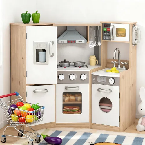 Costzon Juego de cocina para niños, cocina de juego de simulación de madera 9 en 1 con luz y sonido realistas, máquina de hielo, lavadora,