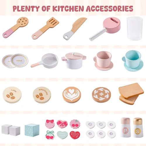 Miniatura 3 de ROBUD Play Kitchen, Juego de Cocina de Juguete Grande Rosa con Cafetera y Tostadora de Juguete para Niños Pequeños de 3+ Años, Cocina de Madera