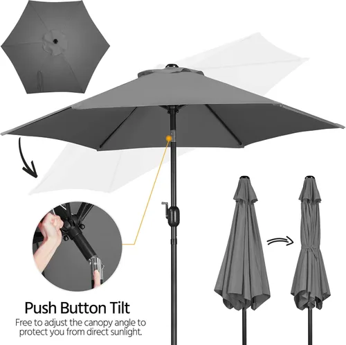 Miniatura 7 de Yaheetech Sombrilla de patio de 7.5 pies con 6 varillas resistentes, botón de inclinación y manivela para jardín, césped, cubierta, patio, piscina