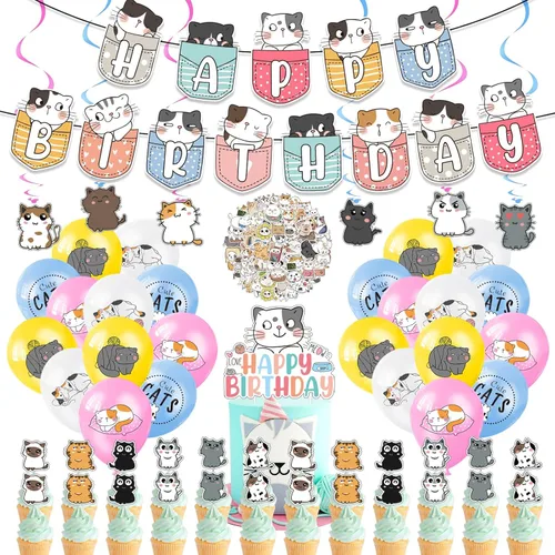 Zhanmai 106 piezas de suministros de fiesta de cumpleaños con temática de gato, incluyen una bonita pancarta de feliz cumpleaños, remolinos