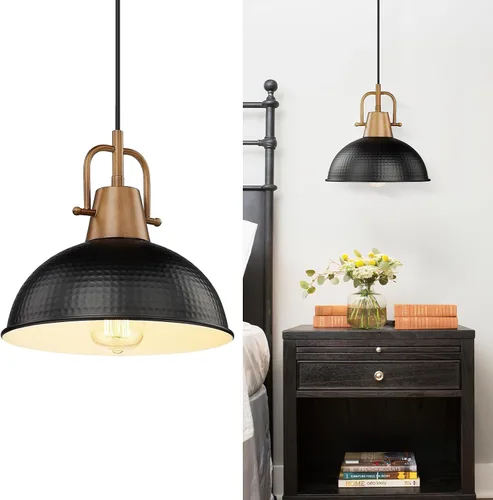 Emliviar GE269MIL BK+WD - Lámpara colgante moderna de 10.2 pulgadas, lámpara colgante moderna para isla de cocina, pantalla de cúpula de metal negro