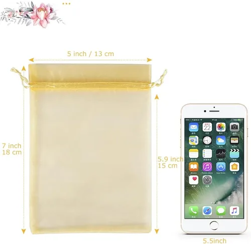 Miniatura 2 de HRX Package 100 bolsas de organza doradas, 5 x 7 pulgadas, malla con cordón, bolsas de regalo, bolsas de joyería para dulces de Navidad, recuerdos