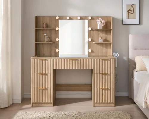 Miniatura 2 de AMERLIFE - Mesa de tocador con acanaladuras de 47.2" con espejo y luces LED ajustables, mesa de maquillaje grande con 7 cajones, tapa de vidrio