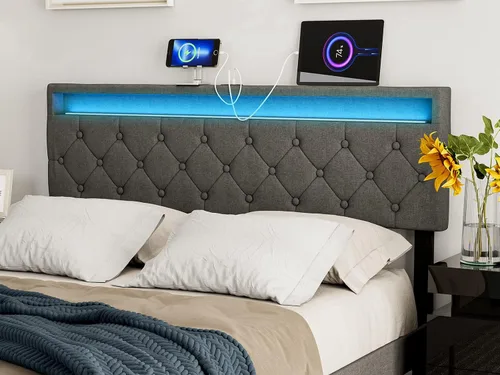 IKIFLY Cabecera tapizada tamaño Queen con luces LED, puerto USB y tipo C, altura ajustable de 39.4 a 43.3 pulgadas, altura ajustable, solo tablero