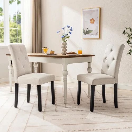 Miniatura 2 de VECELO Juego de 2 sillas de comedor tapizadas, tela moderna y patas de madera maciza y respaldo alto para cocina/sala de estar, color beige