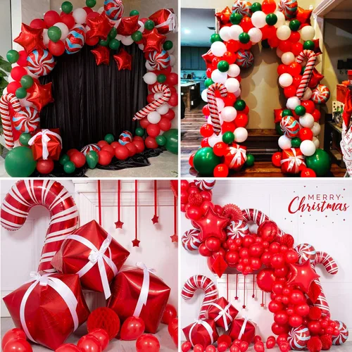 Miniatura 5 de Kit de arco de guirnalda de globos de Navidad con globos de caramelo rojo y blanco de Navidad, caja de regalo, globos de estrella roja