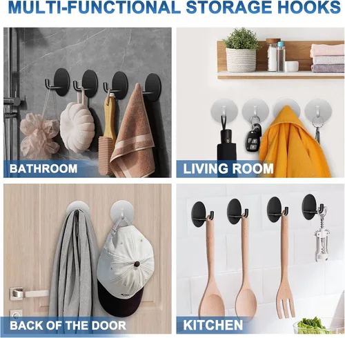 Miniatura 6 de Ganchos adhesivos para baños, 4 ganchos para toallas para colgar sombrero, bata, abrigo, ganchos para cocina, ganchos adhesivos fuertes sin daños