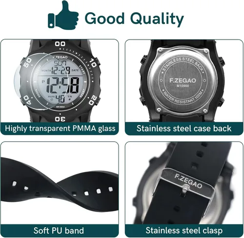 Miniatura 8 de F.ZEGAO Men Digital Sports Watch, 100M Diving Grade Waterproof Watch with Stopwatch Countdown Timer Alarm Function Dual Time Silicone Strap Wrist
