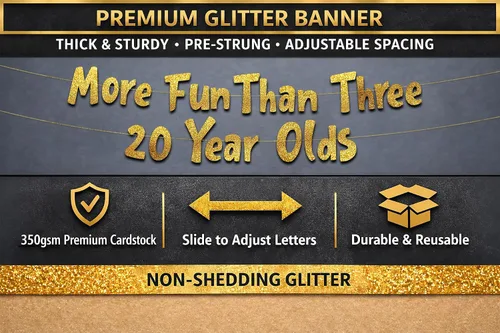 Miniatura 8 de Cartel dorado con purpurina preencordada con texto en inglés «More Fun Than Three 20 Years», decoraciones de 60 cumpleaños y aniversario