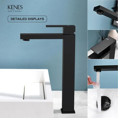 Miniatura 8 de KENES Grifo de Baño Negro Mate de Una Sola Manija Grifo Alto para Lavabo Tipo Vasija Grifo de Baño de Tocador Mezclador de Lavabo con Manguera