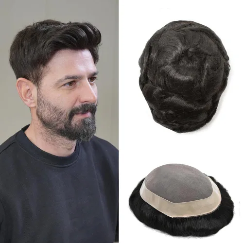 Miniatura 63 de Toupee Pieza de pelo para hombres Sistema de reemplazo de cabello Cabello humano real Mono Toupee fino para hombres Piezas de pelo Hombres Toupee