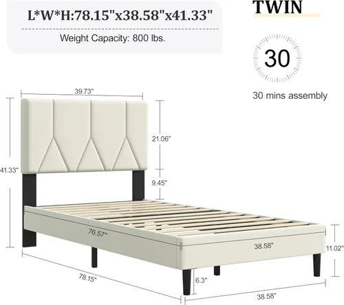 Miniatura 2 de Base de cama tamaño individual, base de cama de plataforma con cabecera tapizada de terciopelo, base de colchón tapizada individual con listones