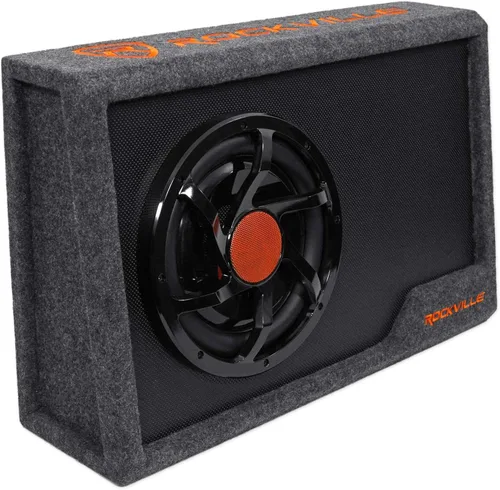 Rockville RWS10CA 1000W 10" Caja amplificada de subwoofer para automóvil, 4 ohmios, diseño delgado, amplificador integrado, control remoto de graves