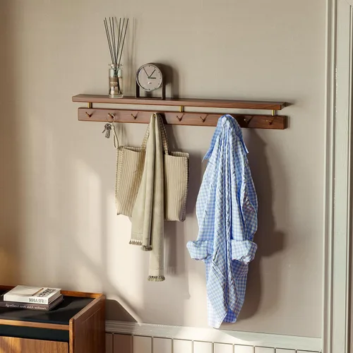 Ganchos de pared de nogal con estante, perchero de pared, estante colgante de entrada con 9 ganchos de latón para sombreros, ropa, toallas, bolsos,