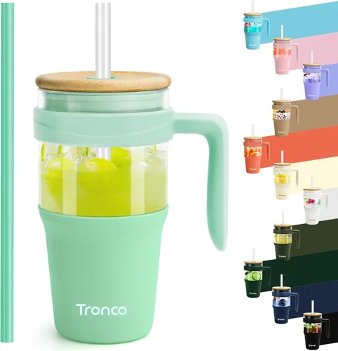 Miniatura 25 de Tronco Vaso de vidrio de 32 onzas con asa, popote y tapa de bambú, cabe en el soporte para tazas, taza de batido de café helado, sin BPA, apto
