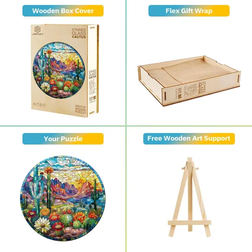 Miniatura 5 de Jigfoxy Rompecabezas de madera para adultos, rompecabezas de madera de cactus vitrales para adultos, rompecabezas de madera único
