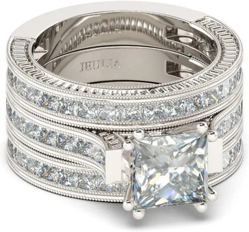 Miniatura 7 de Jeulia - Juego de 3 piezas de anillos de corte princesa juego nupcial de plata de ley con halo de diamantes, anillo de compromiso, anillo de boda
