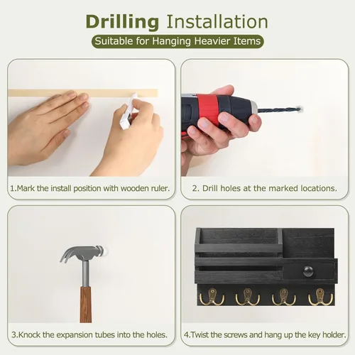 Miniatura 8 de Soporte para llaves de pared, organizador de correo adhesivo de madera y llaves con cajón, estante pequeño, 8 ganchos, 2 métodos de instalación