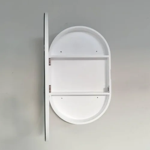 Miniatura 7 de Gabinete de espejo ovalado montado en la pared, armario de baño de madera, espejo de tocador de baño con estante de almacenamiento