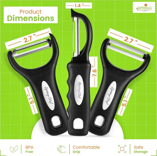 Miniatura 3 de Spring Chef Peladores de Verduras de Acero Inoxidable Giratorios, Y & Julienne para Cocina, Peladores de Papas con Mangos de Agarre Suave, Juego
