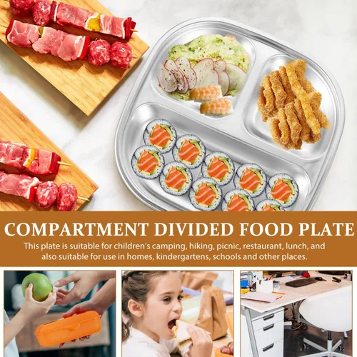 Miniatura 6 de Sosoport Plato de almuerzo dividido de acero inoxidable 304 con tapa, bandeja de alimentos reutilizable para niños y adultos, ideal para camping
