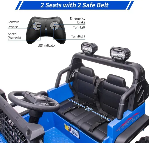 Miniatura 7 de Coche eléctrico de 2 plazas para niños de 24V con control remoto, 2 motores de 120W alimentados por batería, asientos extra grandes de 20" + ruedas