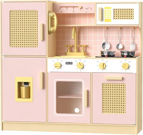 Miniatura 7 de Babytronic Juego de cocina de madera para niños, cocina de juego de simulación rosa con luces y sonidos, juguete de cocina de estilo retro para Verde