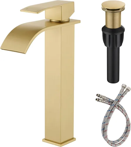 Llave de fregadero, JXMMP llave de baño dorada cepillada con un solo agujero y manguera de suministro y desagüe desplegable, llave de cascada de una