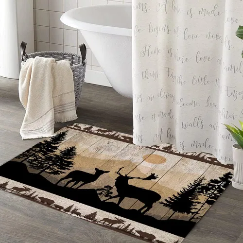 Miniatura 9 de Misty Forest Deer 2 piezas tablero de madera animales salvajes alce rústico naturaleza niebla caza cabaña árbol selva alfombra de baño en forma de U