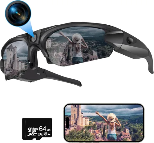 Li&Lu Cámara deportiva con WiFi, gafas de sol con cámara para deportes al aire libre compatible con iOS y Android (tarjeta TF de 64 GB incluida)