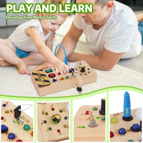 Miniatura 3 de wakeInsa Tablero de actividades con luz LED, juguetes sensoriales de viaje para niños pequeños de 1 a 3 años, tablero de madera para niños pequeños