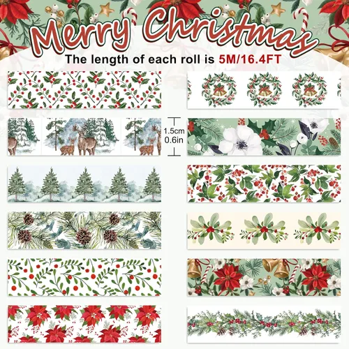 Miniatura 2 de Whaline 12 rollos de cinta washi floral de Navidad, acuarela, bayas, hojas de acebo, conos de pino, campanas de alce, plantas, cinta adhesiva