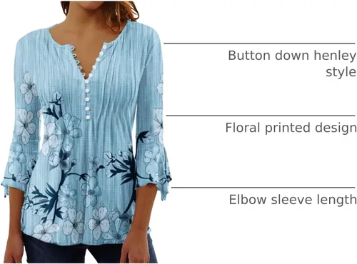Miniatura 32 de Ceboyel Blusa tipo túnica con estampado floral para mujer, con botones, estilo Henley, con manga de codo, casual, trajes de moda para mujer